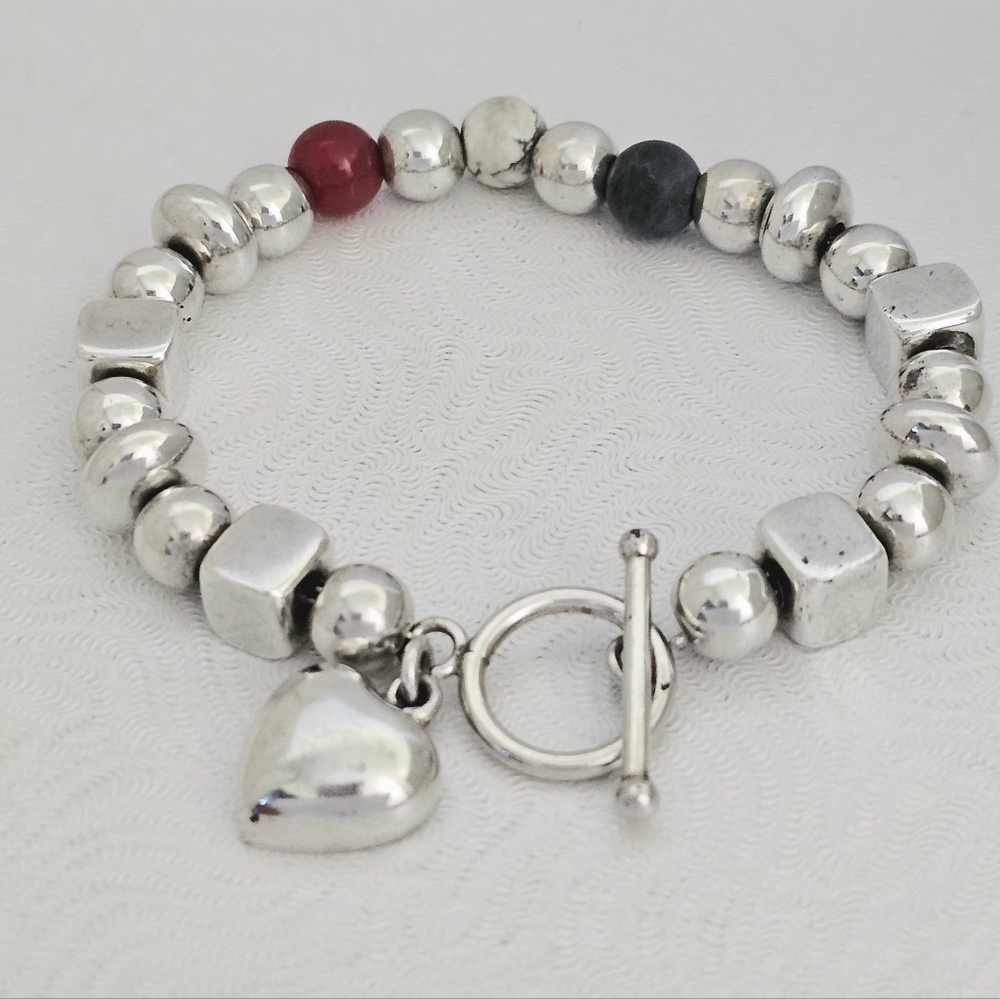 Silpada Sterling Silver Bead Red White Blue Stones Heart Charm Bracelet B0734